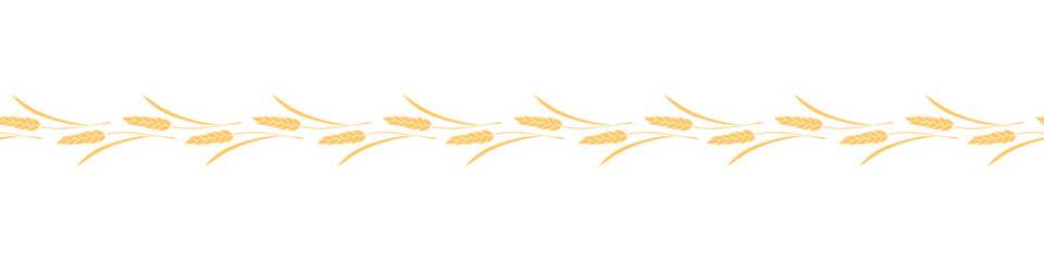 Vector edging, ribbon, border from golden wheat spikelets ears in flat style. Autumn ornament, seamless pattern, decorative element on theme of bakery products, flour, harvest, Thanksgiving - obrazy, fototapety, plakaty