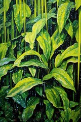 Obraz premium raindrops falling on vibrant green leaves, created with generative ai