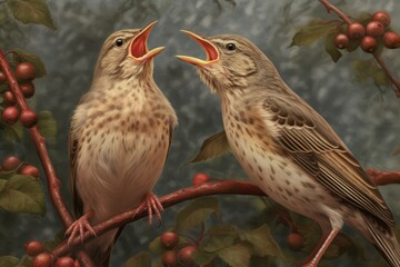 realistic scene of birds perched on tree branches, singing their melodious tunes. oil paints to create a rich texture that brings out the subtle details of their feathers