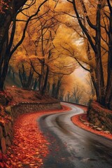 a winding road lined with trees in autumn colors, created with generative ai