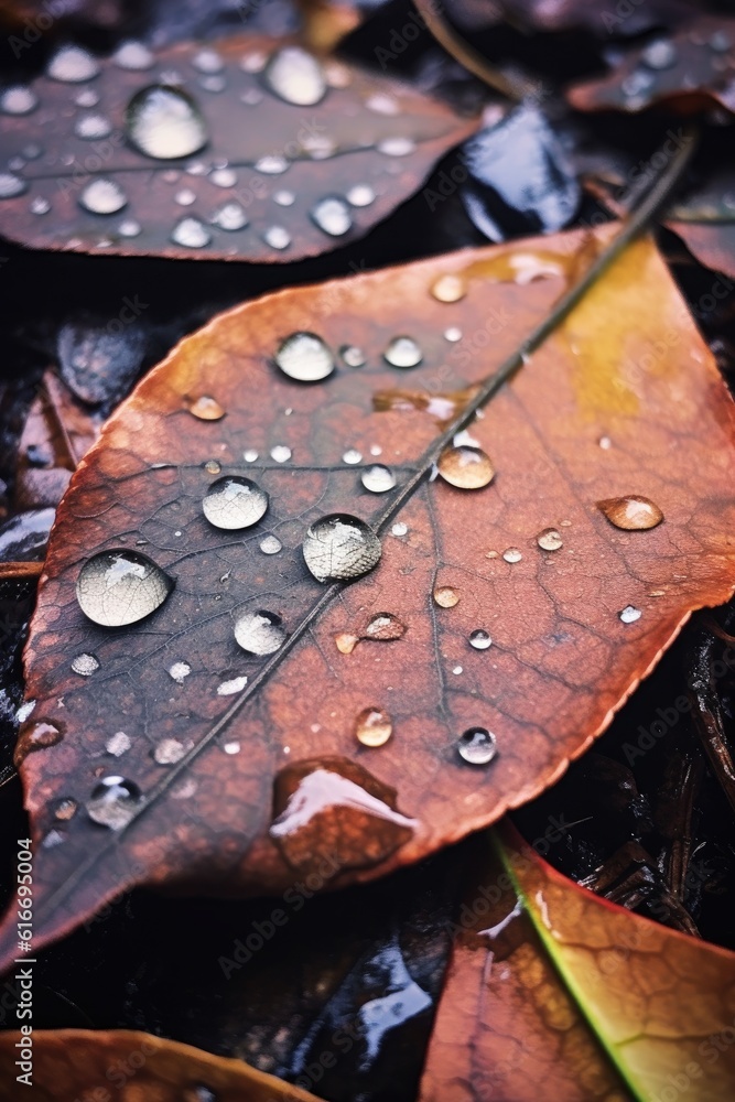 Sticker close-up of dewdrops on fallen leaves, created with generative ai