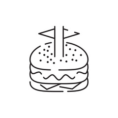 Burger icon vector isolated on white background, hamburger or fast food sign, thin symbols or lined elements in outline style. Snack, junk food and obesity