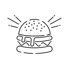 Burger icon vector isolated on white background, hamburger or fast food sign, thin symbols or lined elements in outline style. Snack, junk food and obesity
