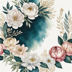 Watercolor seamless border, with white flowers, rose, peony, green and gold leaf branches