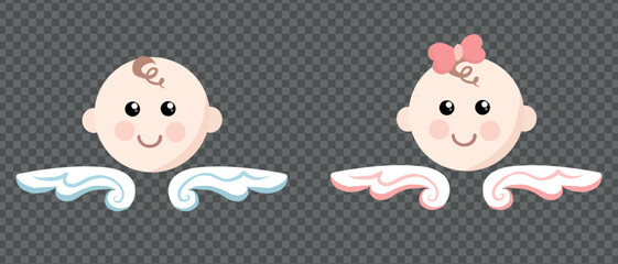 Girl and Boy heads vector illustrations. Baby boy and baby girl cute faces as angels with wings icons isolated design elements on transparent background. New born baby gender reveal. Boy or Girl.