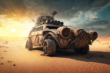 Post-apocalyptic car on a desert - obrazy, fototapety, plakaty