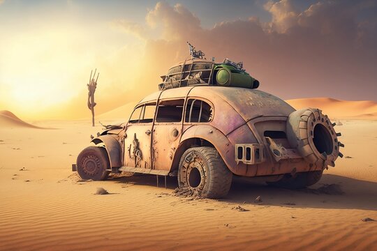  Post-apocalyptic old car in the desert