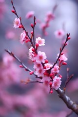 Obraz premium soft focus shot of cherry blossoms on tree branch, created with generative ai