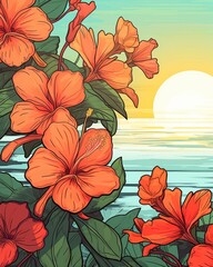 A drawing with a tropical flower background. (Illustration, Generative AI)