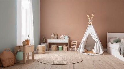 Interior of child room with white furniture and toys and an empty wall.. Generative AI.