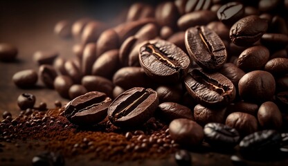 Roasted coffee beans and coffee crumbs as a background - obrazy, fototapety, plakaty