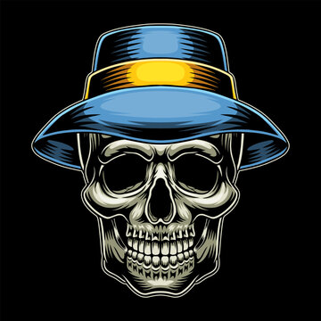 illustration skull with bucket hat vector