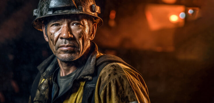 Asian Man With Face Dirty, Helmet On His Head, Dark Background To Emphasise Deep Mine - Natural Resource Miner, Concept Of Hard Working Conditions Mining Industry In China And Asia. Generative AI