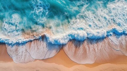 Obraz premium Blue sea sandy beach. Ocean waves on the beach as a background. Beautiful natural summer vacation holidays background. Aerial top down view of beach and sea with blue water waves. generative ai