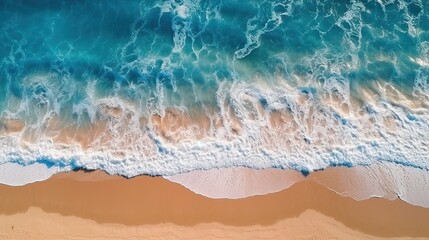 Blue sea sandy beach. Ocean waves on the beach as a background. Beautiful natural summer vacation holidays background. Aerial top down view of beach and sea with blue water waves. generative ai