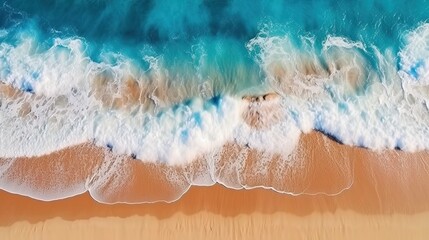 Fototapeta na wymiar Blue sea sandy beach. Ocean waves on the beach as a background. Beautiful natural summer vacation holidays background. Aerial top down view of beach and sea with blue water waves. generative ai