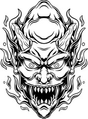 Oni mask with fierce expression, with fire effect, mascot illustration