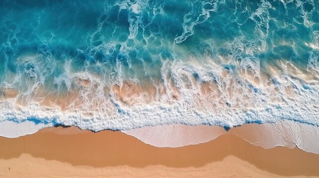 Blue sea sandy beach. Ocean waves on the beach as a background. Beautiful natural summer vacation holidays background. Aerial top down view of beach and sea with blue water waves. generative ai © megavectors