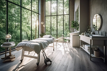 Cozy wellness spa salon room, wooden furniture and plants, calm atmosphere, comfortable massage bed. Generative AI