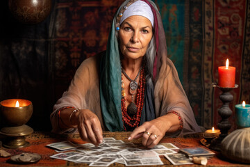 Gypsy woman fortune teller working with tarot cards, predicting future, looking directly into camera, esoteric mysticism decorations in background. Generative AI