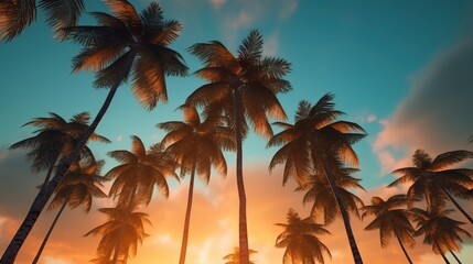 a group of palm trees with the sun setting behind them. Generative AI Art.