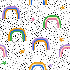 Seamless pattern with rainbows and stars. Childish colorful print. Vector hand drawn illustration. - 616697074