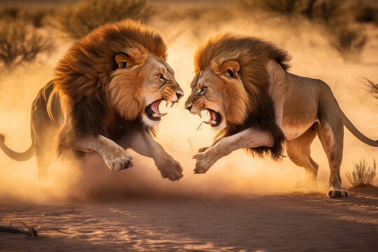 Two male lions fight over either territory or the right to mate with a nearby female. These fights can sometimes end in death.