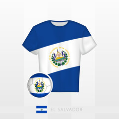Football uniform of national team of El Salvador with football ball with flag of El Salvador. Soccer jersey and soccerball with flag.