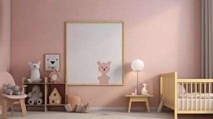 Mock up poster frame in children room interior background. Generative AI.