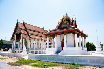 Ancient ubosot ordination hall or antique old church for thai people travelers travel visit respect praying blessing wish mystery at Wat Visedchaichan temple at Wiset Chai Chan in Ang Thong, Thailand