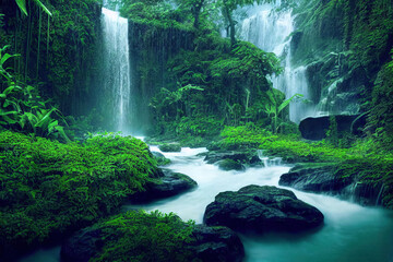A waterfall flowing in a tropical rainforest. Generative AI
