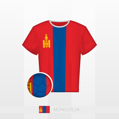 Football uniform of national team of Mongolia with football ball with flag of Mongolia. Soccer jersey and soccerball with flag.