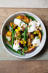 Roast peaches, green beans and burrata salad
