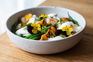 Roast peaches, green beans and burrata salad