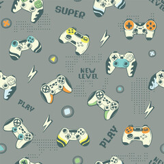 Abstract seamless pattern with gamepad illustration. Text New level. Play. Super. Digital gaming repeat ornament. Gamepad print on grey background. Gaming cover ornament for sport textile and boy clot © Kseniia Koval