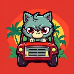 Cute cartoon cat driving a  car Generative Ai