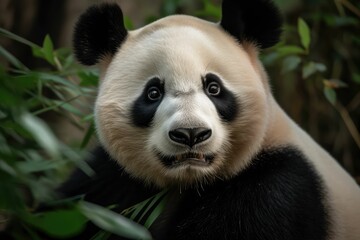 Fototapeta premium Giant panda close up portrait in bamboo forest
