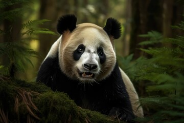 Obraz premium giant panda cub eating bamboo stalk in forest