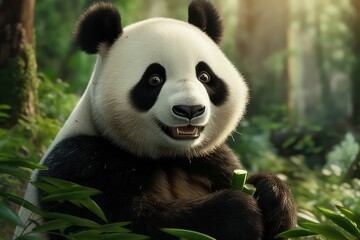 Obraz premium giant panda cub eating bamboo stalk in forest