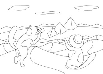 Cats take pictures of the pyramids in the desert graphic black white landscape sketch illustration vector