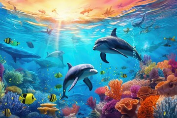 Dolphins in the sea - obrazy, fototapety, plakaty