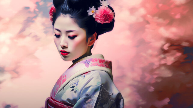 Portrait painting of a Japanese model in kimono, for advertising, beauty salons and massage studios