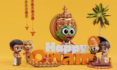 3d render onam festival with king mahabali character wishing happy onam in yellow background