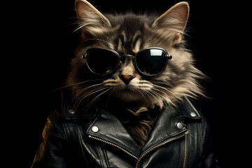 Naklejka premium Punk rock cat with leather jacket