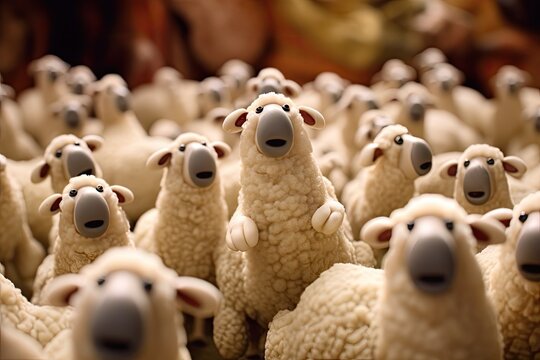 Sheep ludicreously looking upwards in a crowd