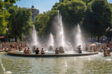 People refreshing in fountain water hot summer - obrazy, fototapety, plakaty