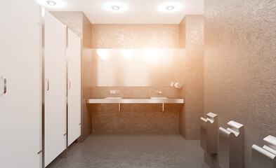 Clean public toilet room empty with wooden partition. 3D rendering.. Sunset.