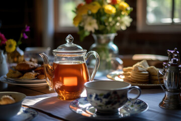 Breakfast table setting with pastry and tea