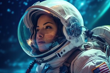 Young pretty woman astronaut exploring outer space