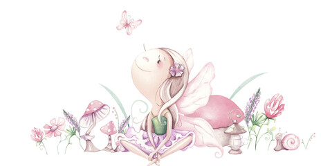 Hand painted cute fairy in flowers. watercolor illustration.